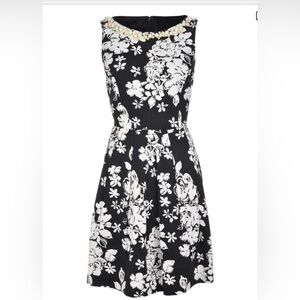 Tahari ASL Dress Black White Floral Pearl Embellished Fit Flare Size 16